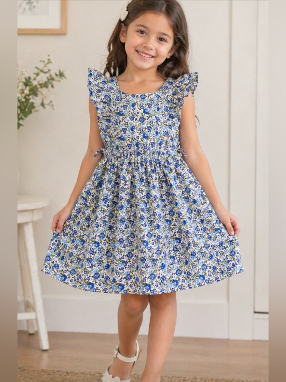 Bisby Girls Blue Green Floral Cotton Ruffle Sleeveless Dress Size 4